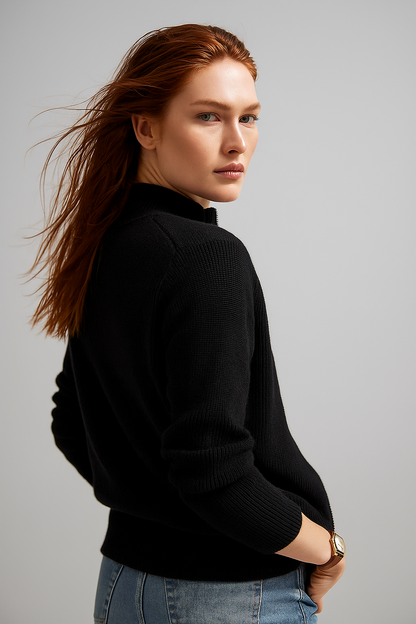 Women’s wool zip-up cardigan by Christine Brewer, stylish jean-inspired design with a comfortable fit and front zipper closure.
