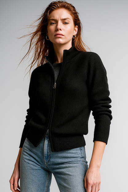 Women’s wool zip-up cardigan by Christine Brewer featuring a classic jean style and front zipper detail.