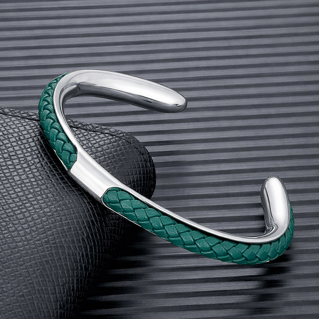 Heren Armband Leer en Roestvrij Staal – Gevlochten Manchet