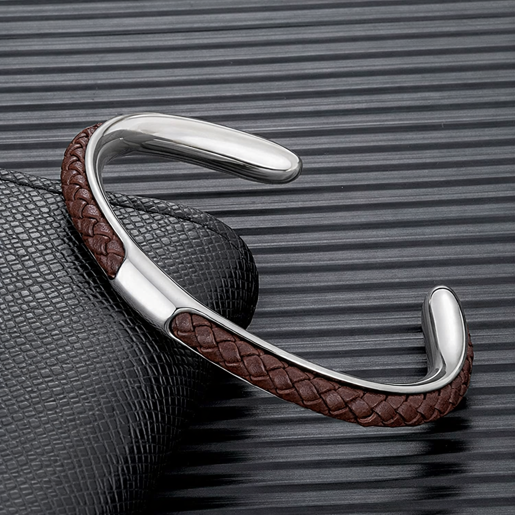 Heren Armband Leer en Roestvrij Staal – Gevlochten Manchet