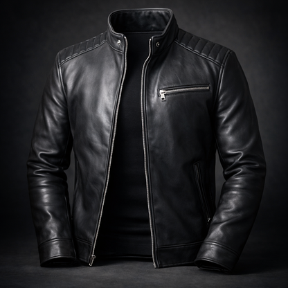 Heren Leren Jas met Gebrande Afwerking - Bikerstijl