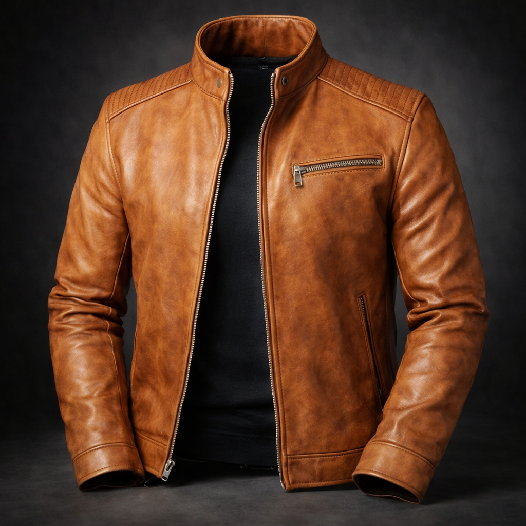 Heren Leren Jas met Gebrande Afwerking - Bikerstijl