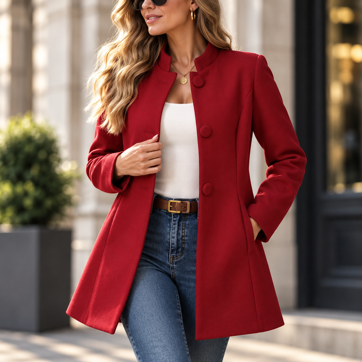 Dames Longline Jas met Staande Kraag en Taillenaad