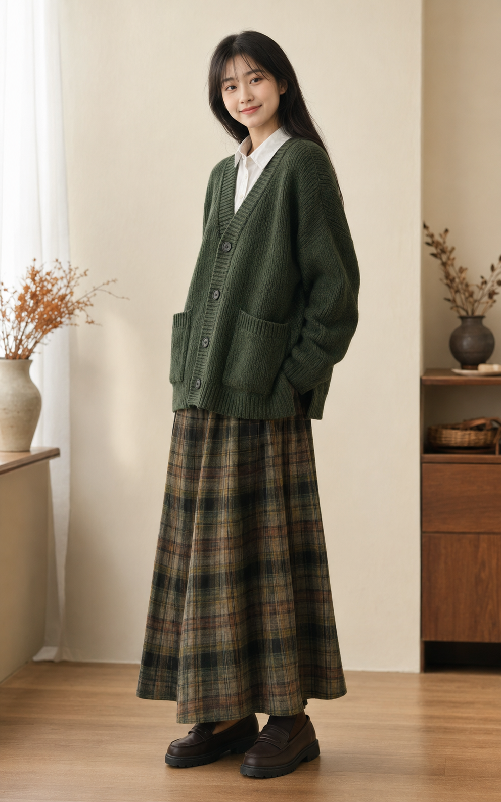 Ilani - Olijfgroen Gebreid V-Hals Vests