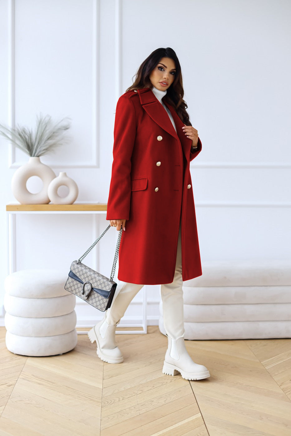 Wollen Dames Mantel met Twee Rijen Knopen – Warme Klassieke Look
