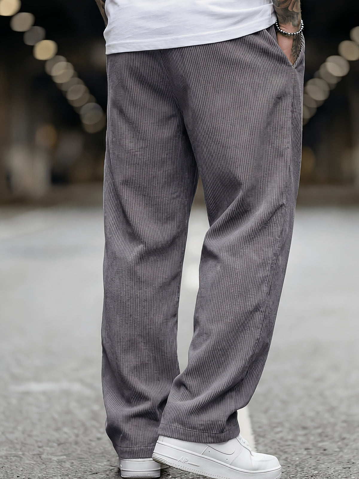 Heren Ribfluwelen Broek Losse Pasvorm met Elastische Taille en Zakken