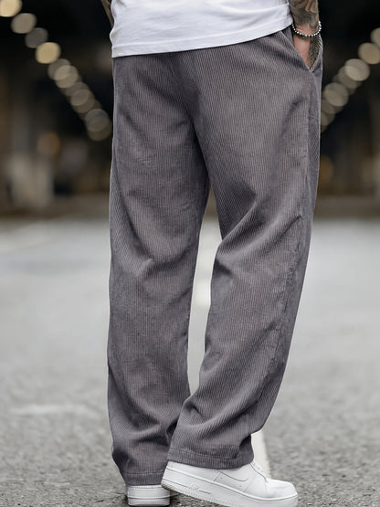 Heren Ribfluwelen Broek Losse Pasvorm met Elastische Taille en Zakken