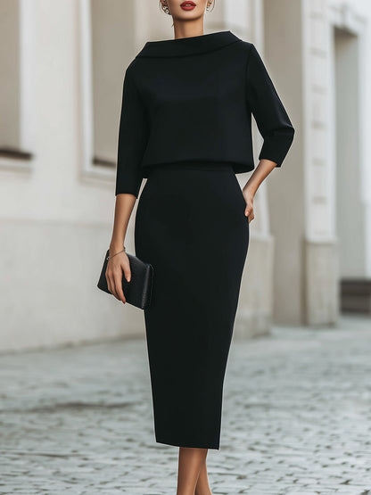 Dames Getailleerde Set – Top met Bootnek en Midi Rok voor Casual Gebruik