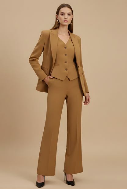 Dames Getailleerd Drie-Delig Set – Blazer met Knopen, Vest en Flared Broek voor Formele Gelegenheden