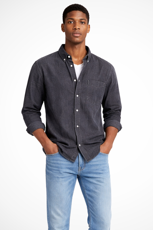 Heren Denim Overhemd Button-Down met Borstzak