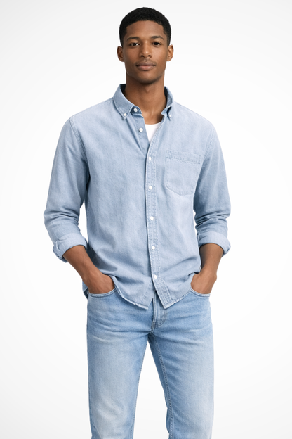 Heren Denim Overhemd Button-Down met Borstzak