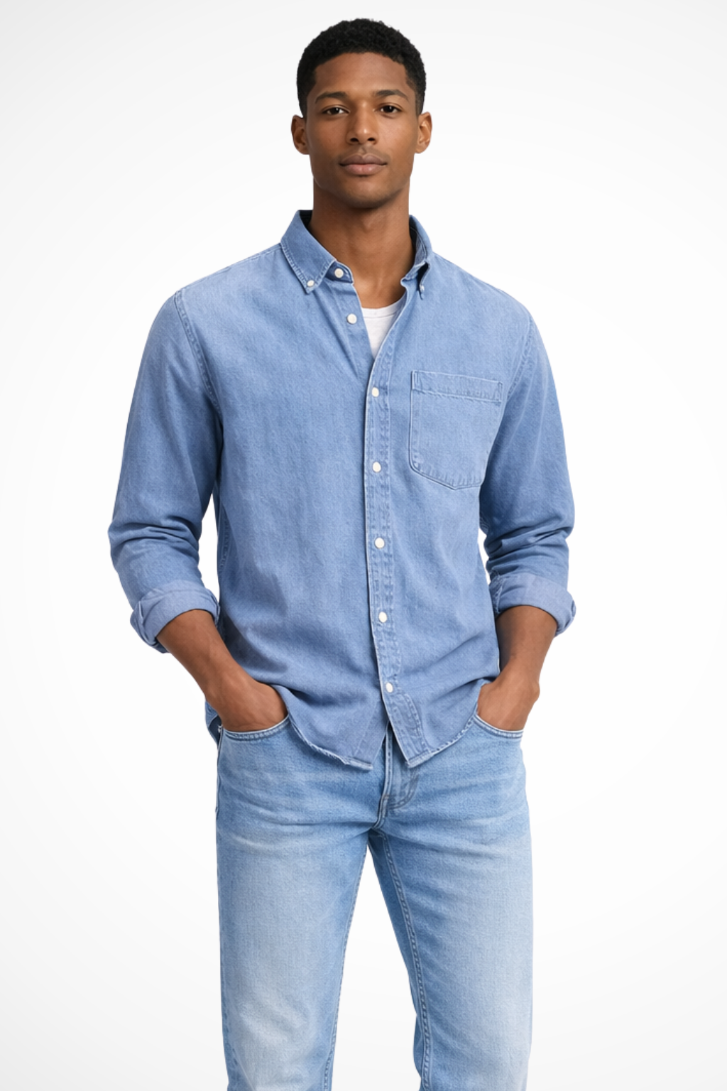 Heren Denim Overhemd Button-Down met Borstzak