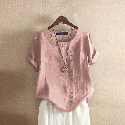 Gerlina - Linnen Blouse met Korte Mouw en Knoopsluiting