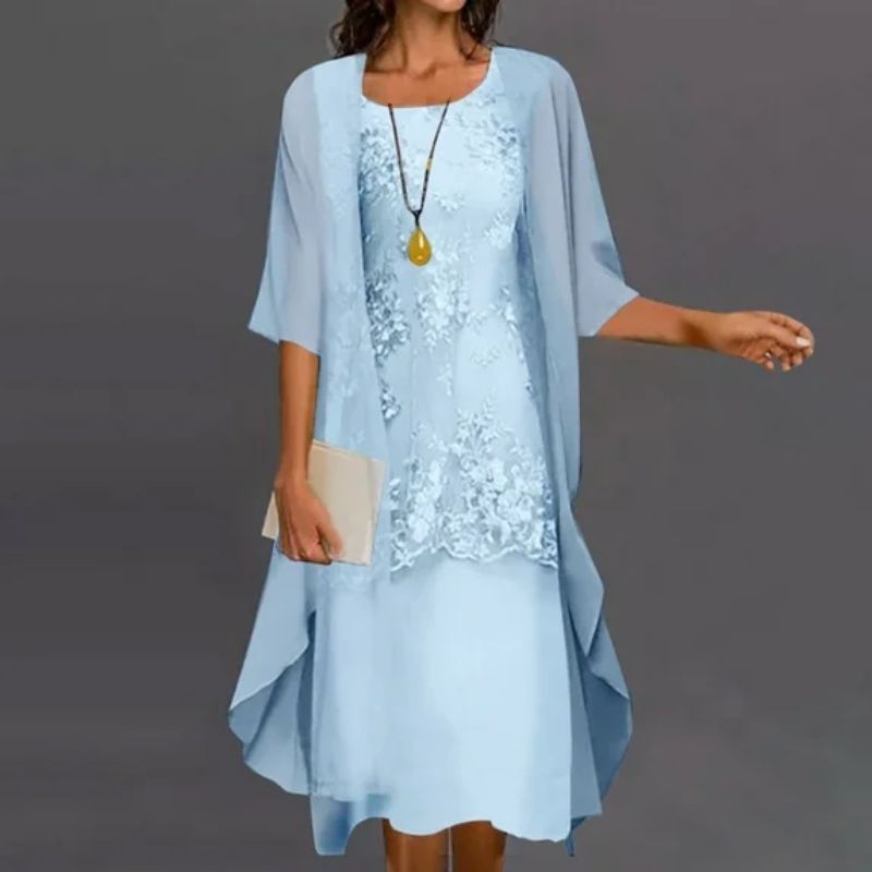 Dames Bruiloft Gast Jurk Kanten Midi met Chiffon Vest