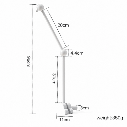 White wooden cot mobile arm bracket, dimensions diagram