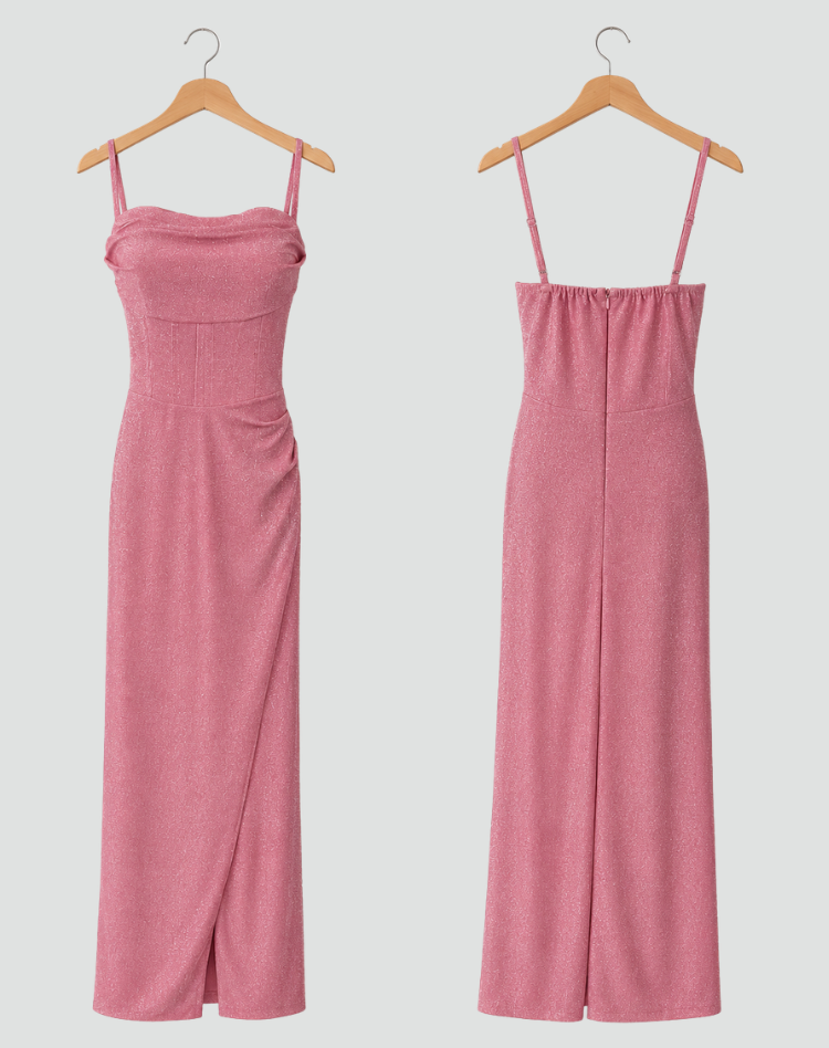 Brokatowa sukienka wieczorowa maxi z rozcięciem