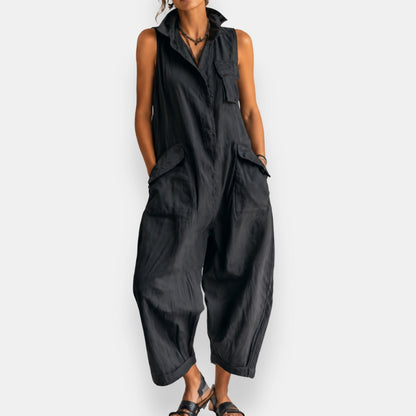 Dames Jumpsuit Mouwloos Cargostijl met Gestructureerde Kraag