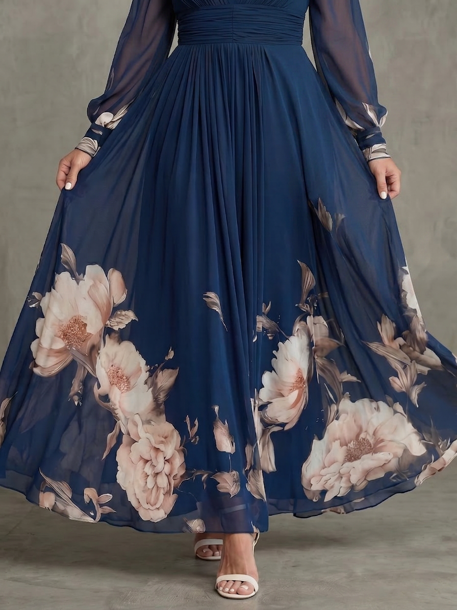 Dames Maxi Jurk met Transparante Mouwen en Plissérok
