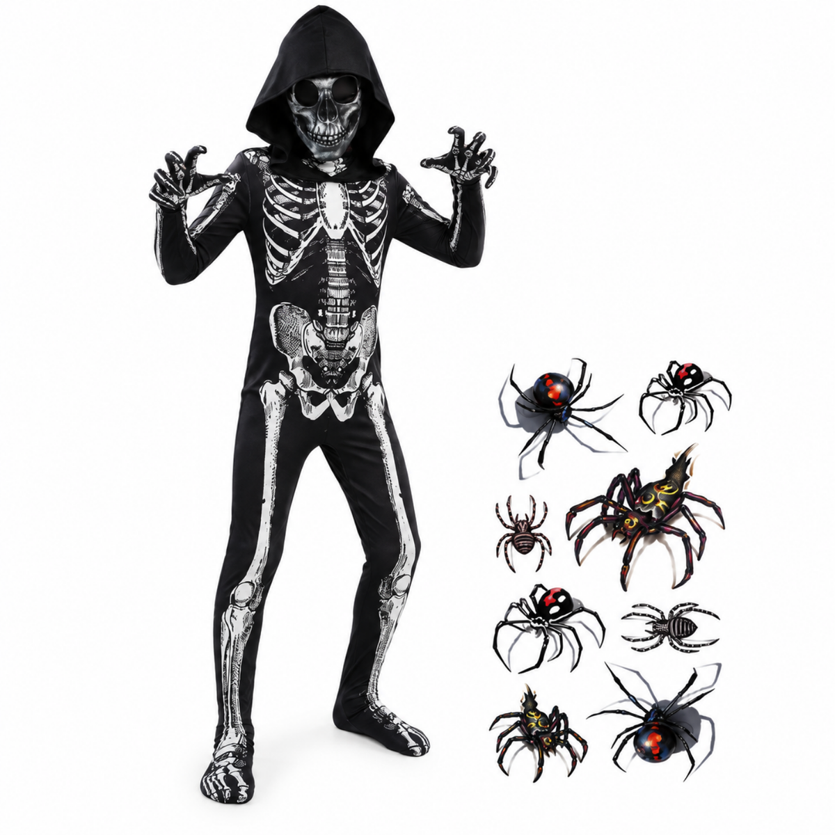 Kids skeleton grim reaper costume, back view with spider stickers