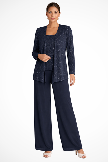 Dames Feestpak Driedelig - Kanten Blazer met Pailletten en Wide Leg Broek