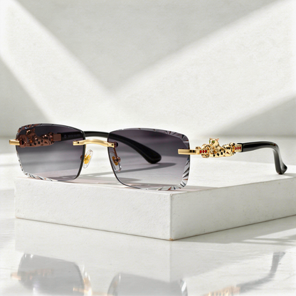 Zonnebril met Panterdetail en Facetgeslepen Rimless Glazen