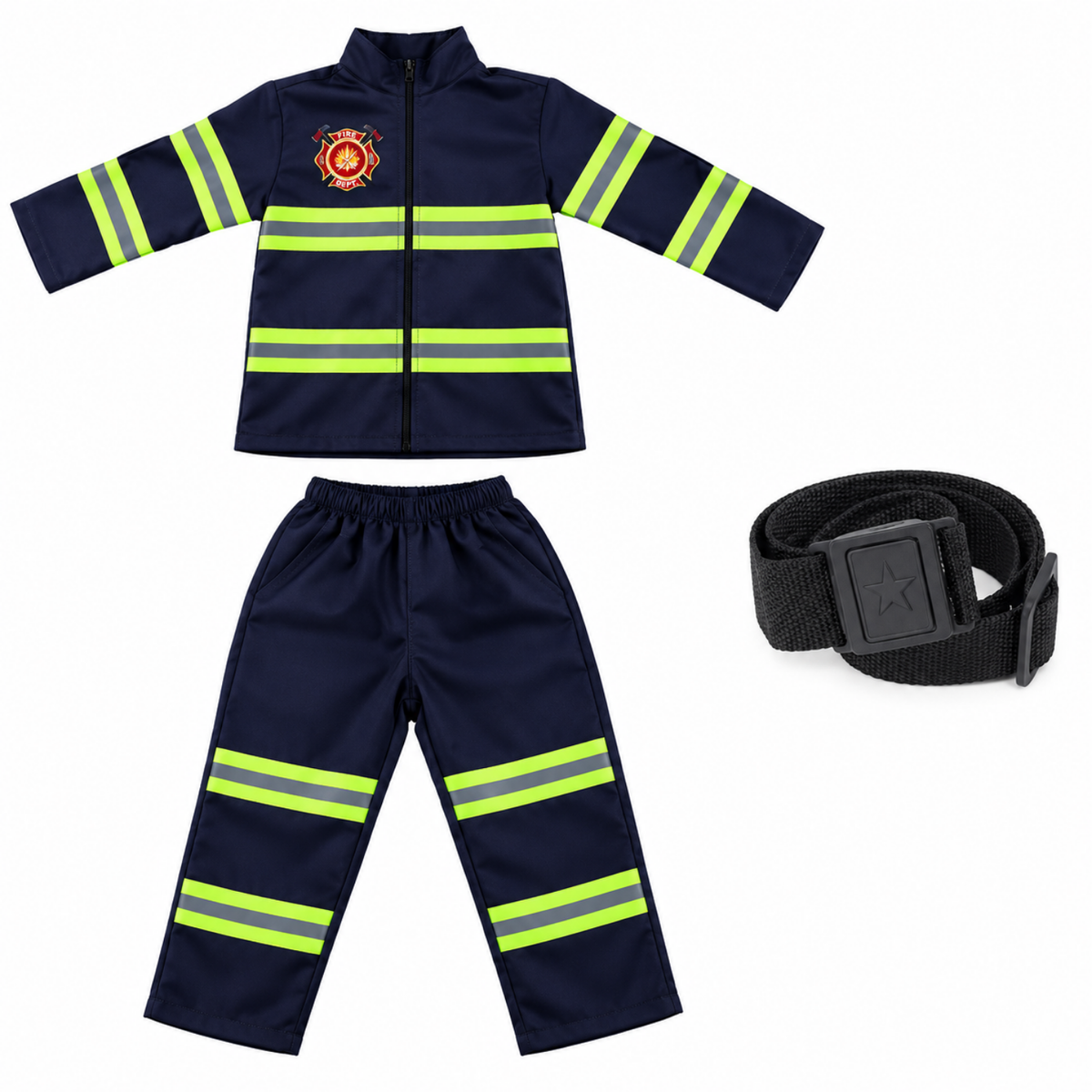Navy firefighter costume uniform jacket and trousers with reflective stripes and belt, flat lay