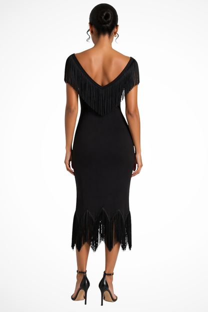 Dames Jurk voor Bruiloft Gast met Franjes - Off-Shoulder Midi/Mini