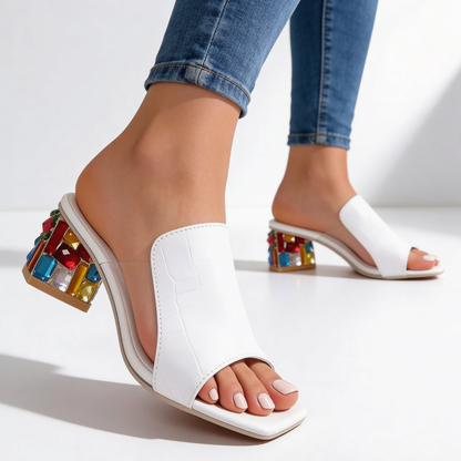 Dames Slippers met Strass Blokhak - Peep-Toe Sandalen