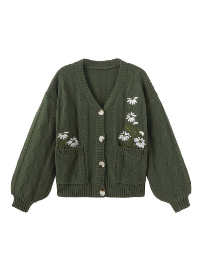 Winsome™ | Women's Floral Embroidered V-Neck Button Cardigan