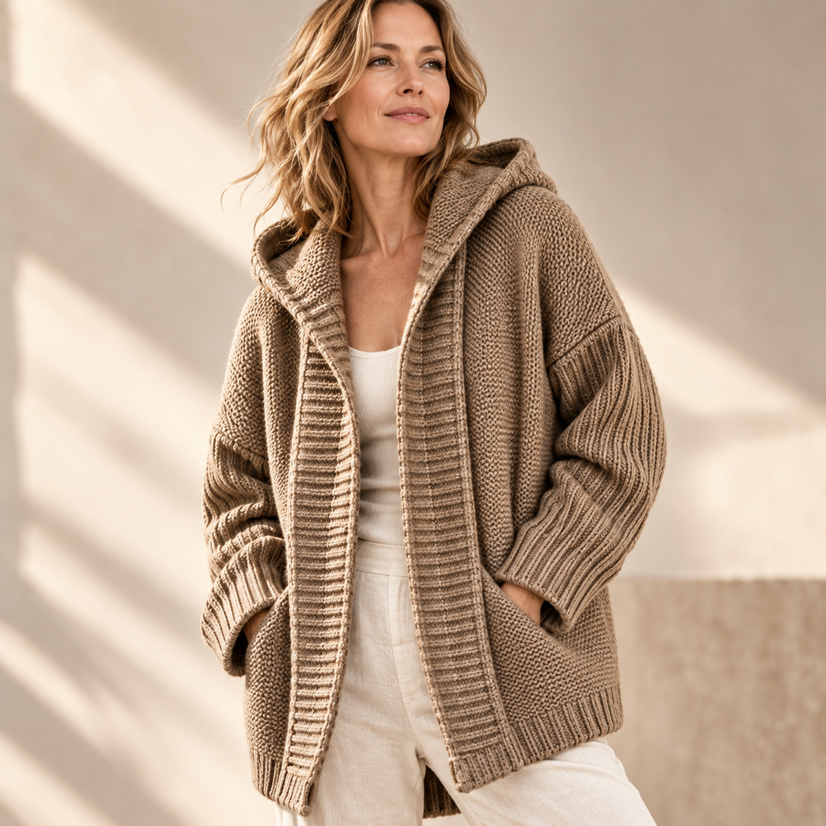 Dames Vest met Capuchon Grof Gebreid Longline Cardigan