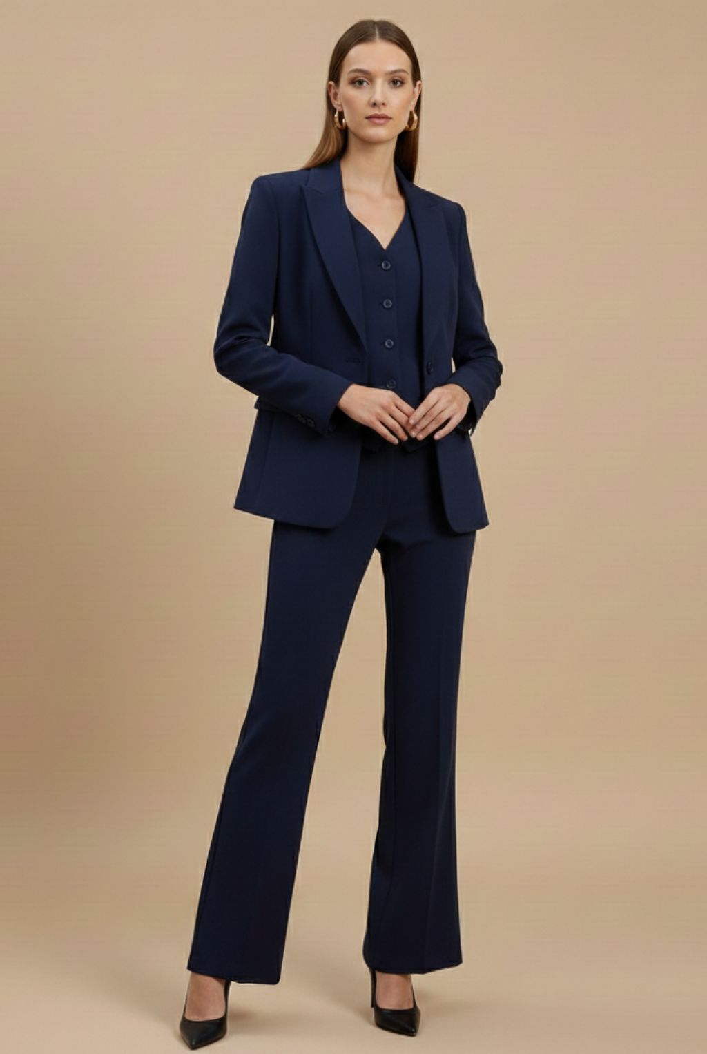 Dames Getailleerd Drie-Delig Set – Blazer met Knopen, Vest en Flared Broek voor Formele Gelegenheden