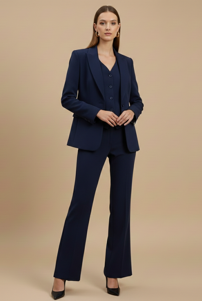 Dames Getailleerd Drie-Delig Set – Blazer met Knopen, Vest en Flared Broek voor Formele Gelegenheden