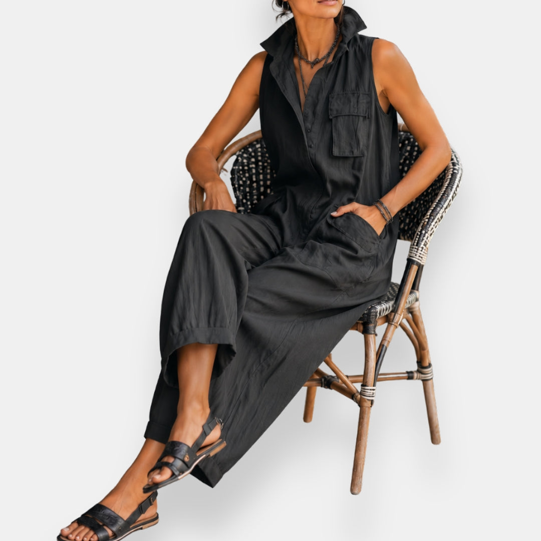 Dames Jumpsuit Mouwloos Cargostijl met Gestructureerde Kraag