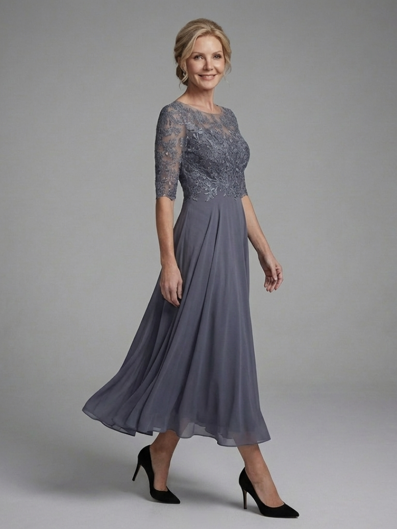 Dames Midi Jurk Kanten Bodice met Sheer Mouwen