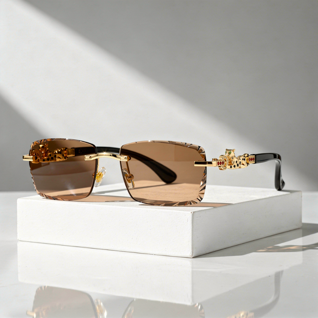 Zonnebril met Panterdetail en Facetgeslepen Rimless Glazen