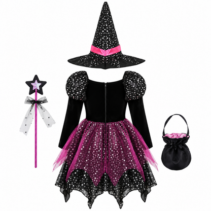 Girls 4-piece witch costume set, treat bag detail