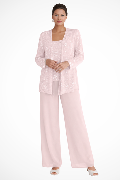 Dames Feestpak Driedelig - Kanten Blazer met Pailletten en Wide Leg Broek