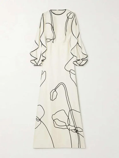 Eline - Elegante Avondjurk met Gerimpelde Mouwen en Bloemenprint