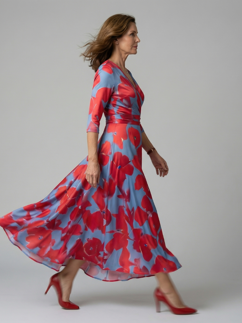 Dames Midi Jurk met Wikkelhals en Bloemenprint