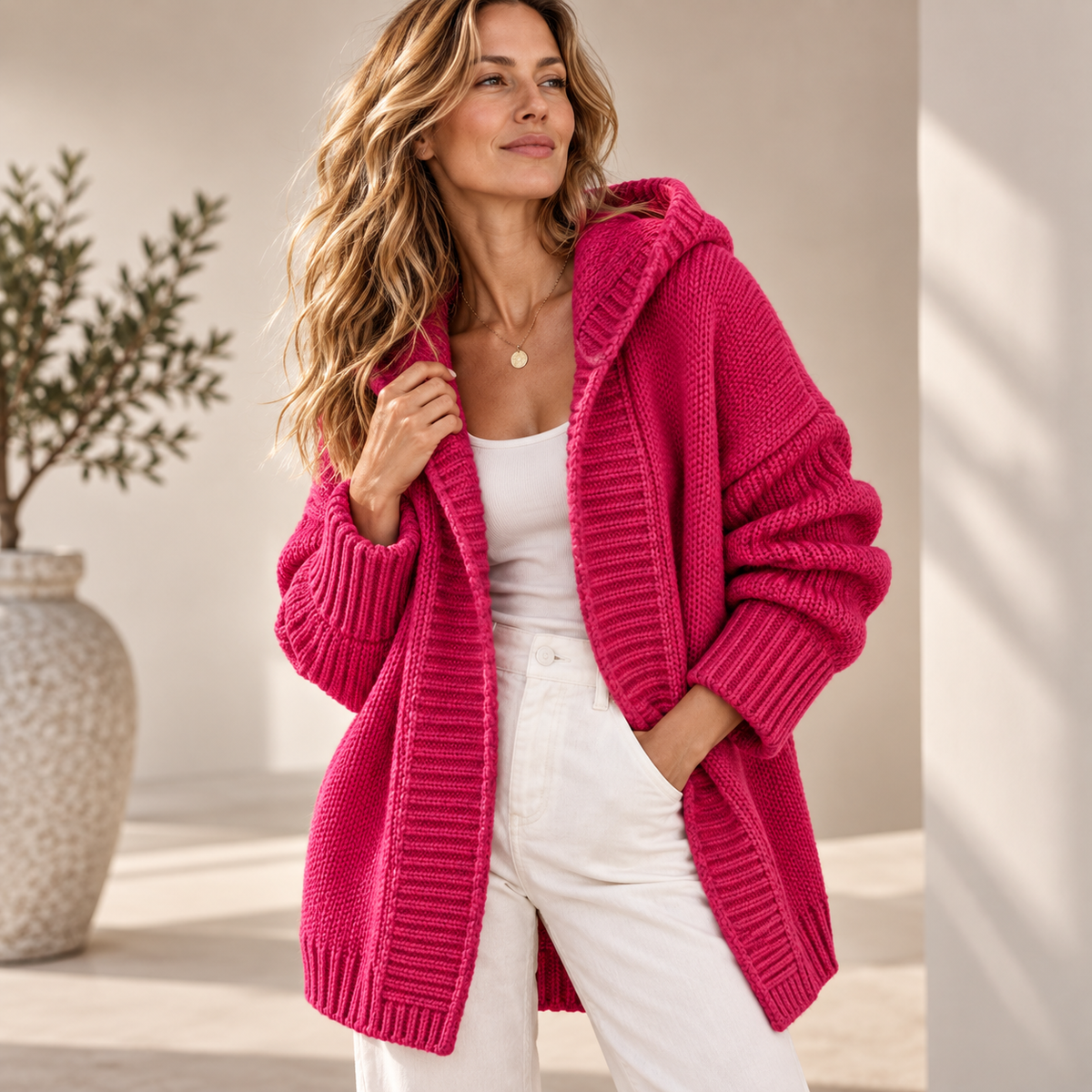 Dames Vest met Capuchon Grof Gebreid Longline Cardigan