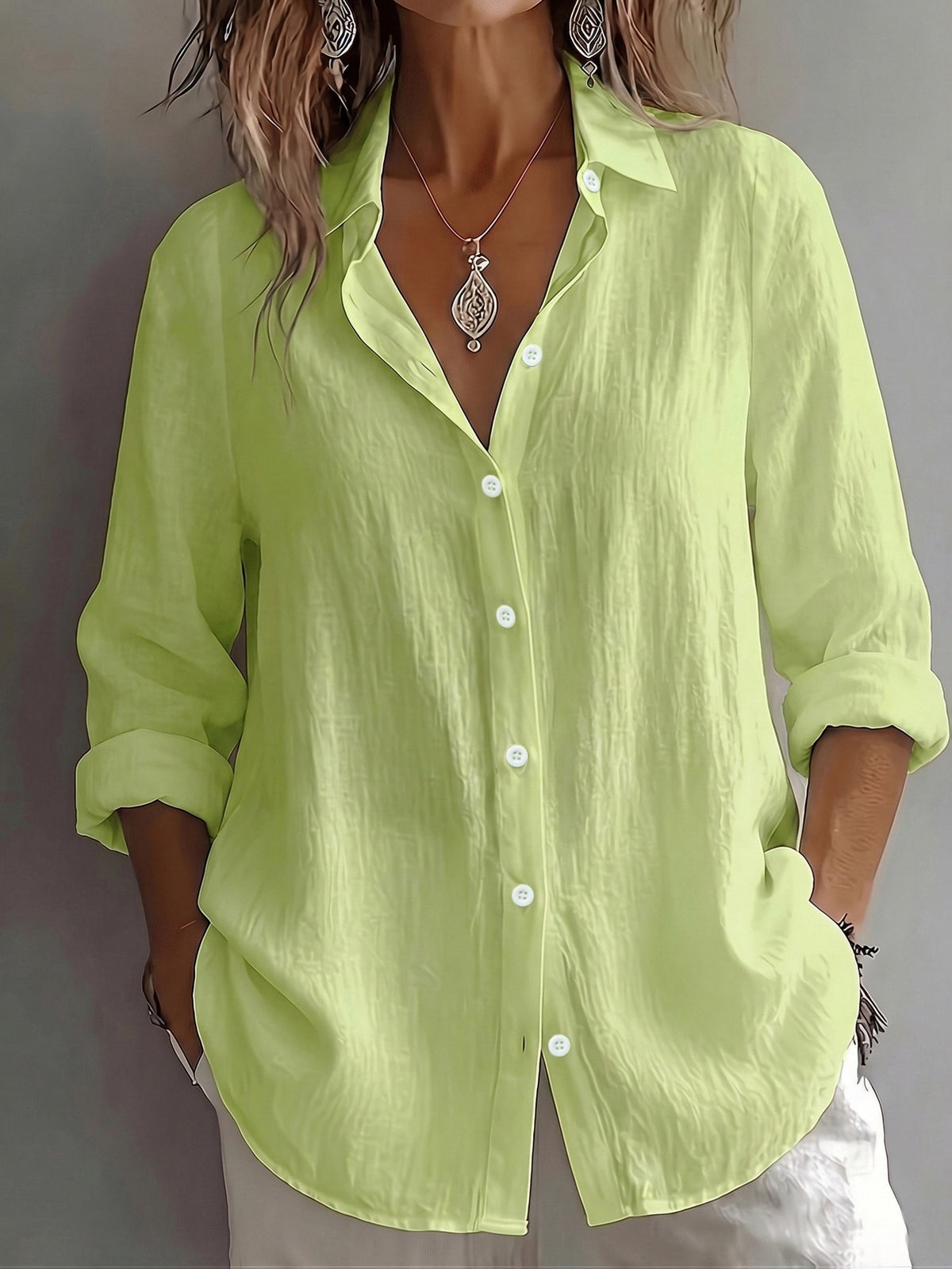 Dames Linnen Blouse met Omgeslagen Kraag en Lange Mouwen