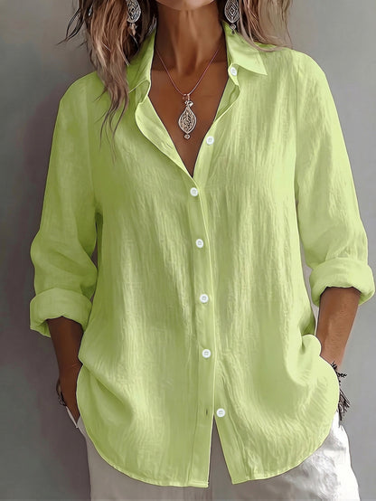 Dames Linnen Blouse met Omgeslagen Kraag en Lange Mouwen