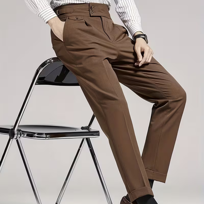 Heren Slim Fit Broek – High-Rise, Dubbelzijdige Plissé, Met Knopen, Geschikt voor Formele Gelegenheden