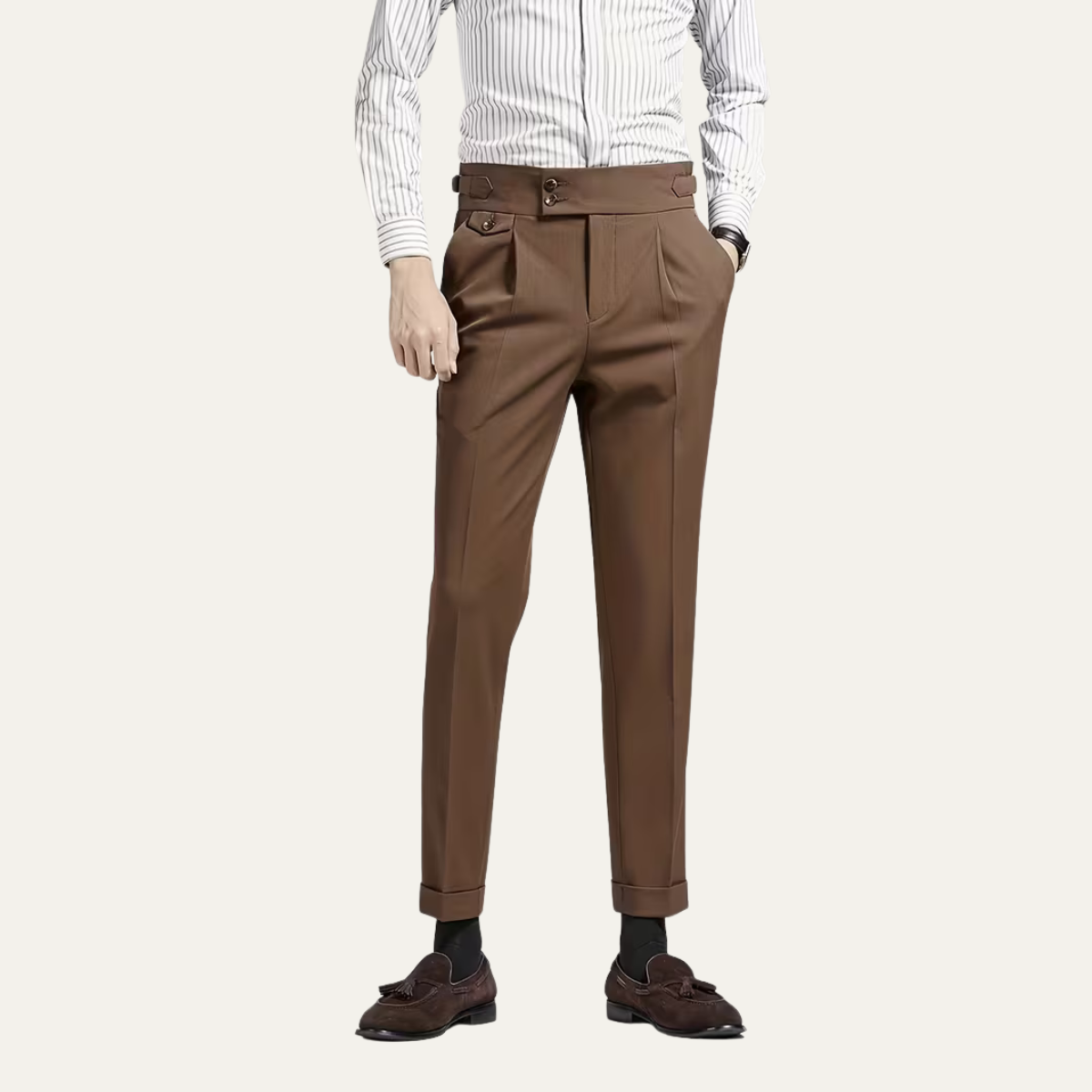 Heren Slim Fit Broek – High-Rise, Dubbelzijdige Plissé, Met Knopen, Geschikt voor Formele Gelegenheden