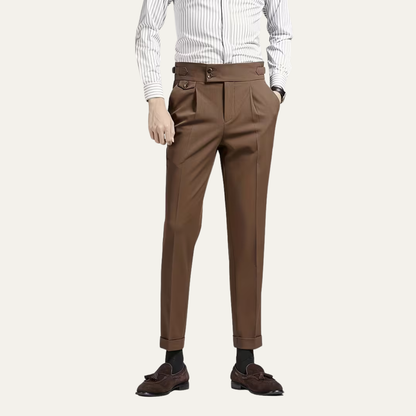 Heren Slim Fit Broek – High-Rise, Dubbelzijdige Plissé, Met Knopen, Geschikt voor Formele Gelegenheden