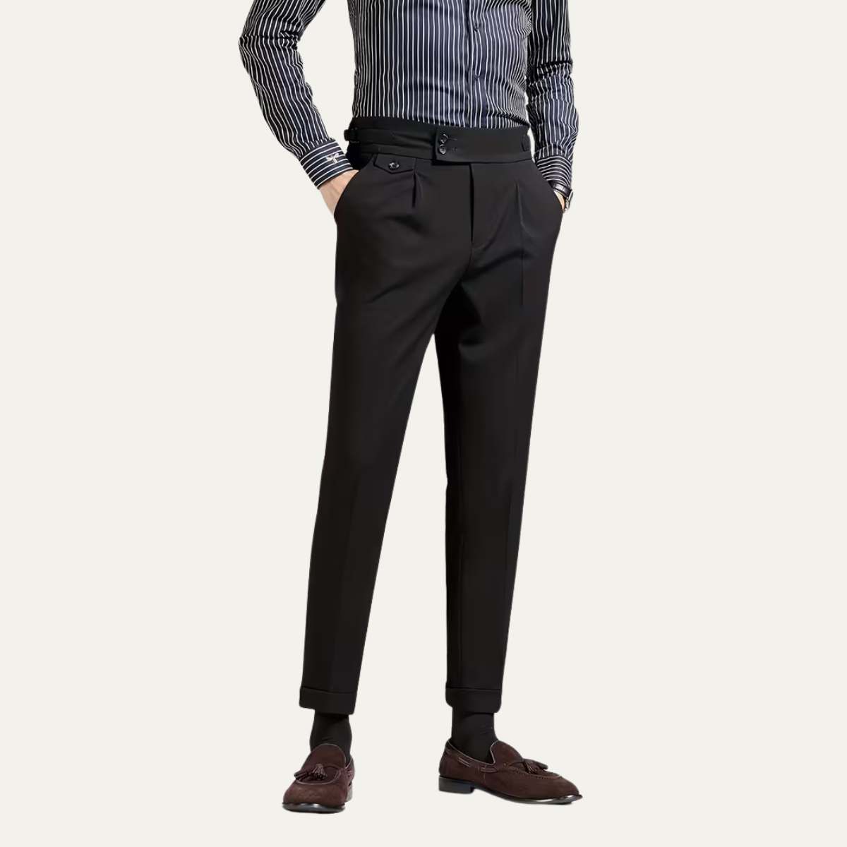 Heren Slim Fit Broek – High-Rise, Dubbelzijdige Plissé, Met Knopen, Geschikt voor Formele Gelegenheden