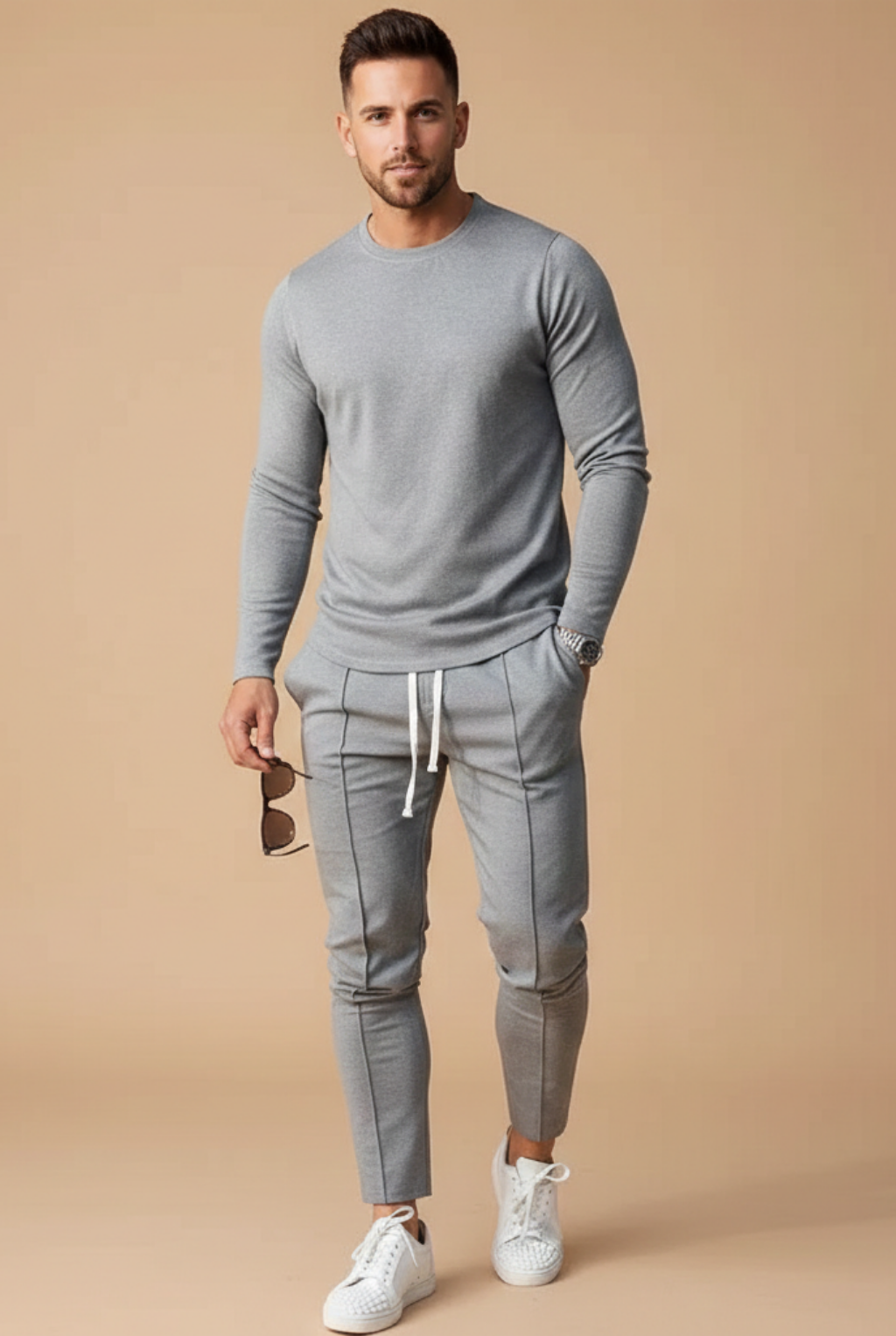 Heren Slim Fit Set – Lange Mouwen Top en Slim Leg Broek met Touwsluiting voor Casual Gebruik