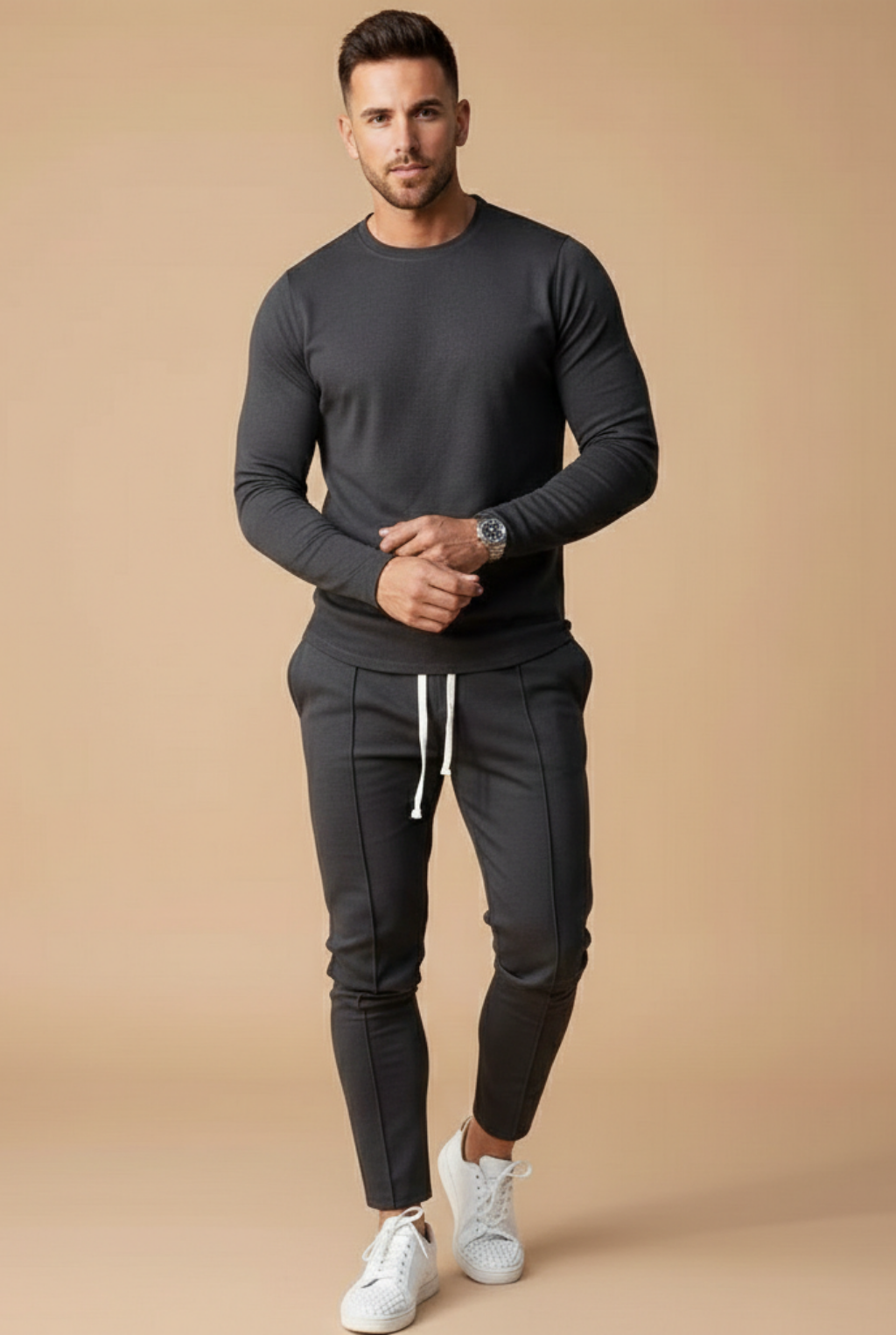 Heren Slim Fit Set – Lange Mouwen Top en Slim Leg Broek met Touwsluiting voor Casual Gebruik