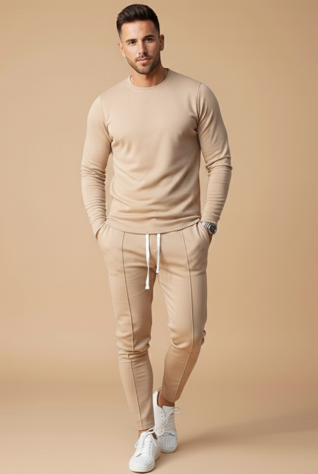 Heren Slim Fit Set – Lange Mouwen Top en Slim Leg Broek met Touwsluiting voor Casual Gebruik