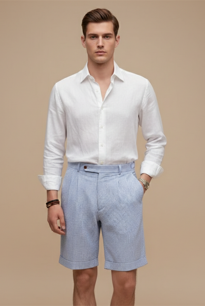 Heren High-Waisted Chino Shorts – Enkele Plooien, Turn-Up Zoom, Geschikt voor Casual Zomergebruik